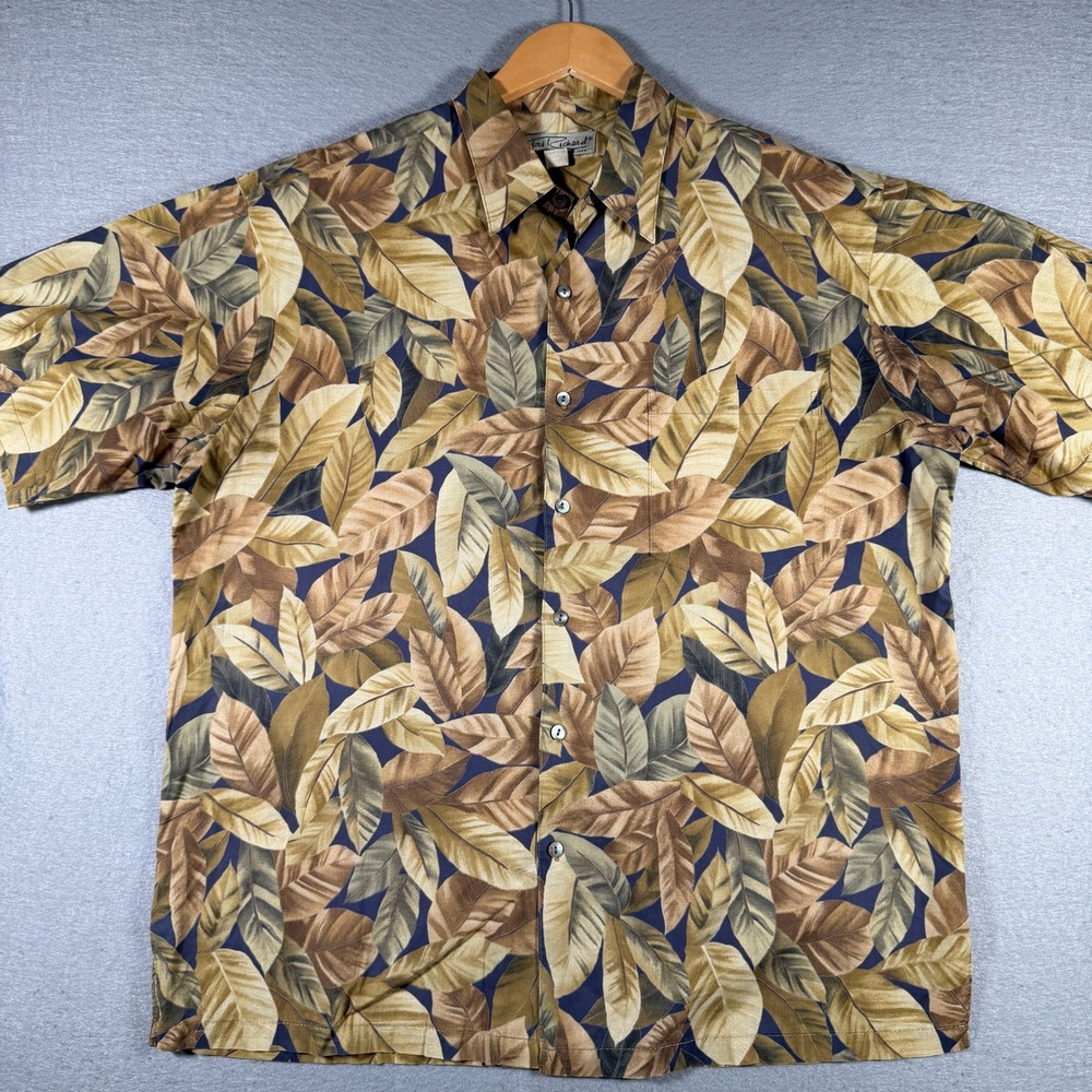 Tori Richard Men L Cotton Lawn Leaf Print Hawaiian Aloha Shirt Brown Tan Vintage